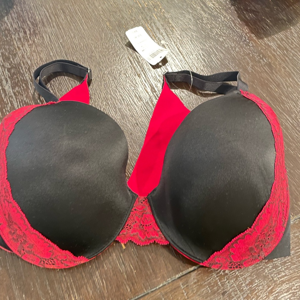 Soma Bra Vanishing Back Full Coverage Lace Trim Bra in Black & Red Sz 36C NWOT